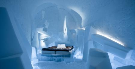 Bedroom surrounded by ice and snow